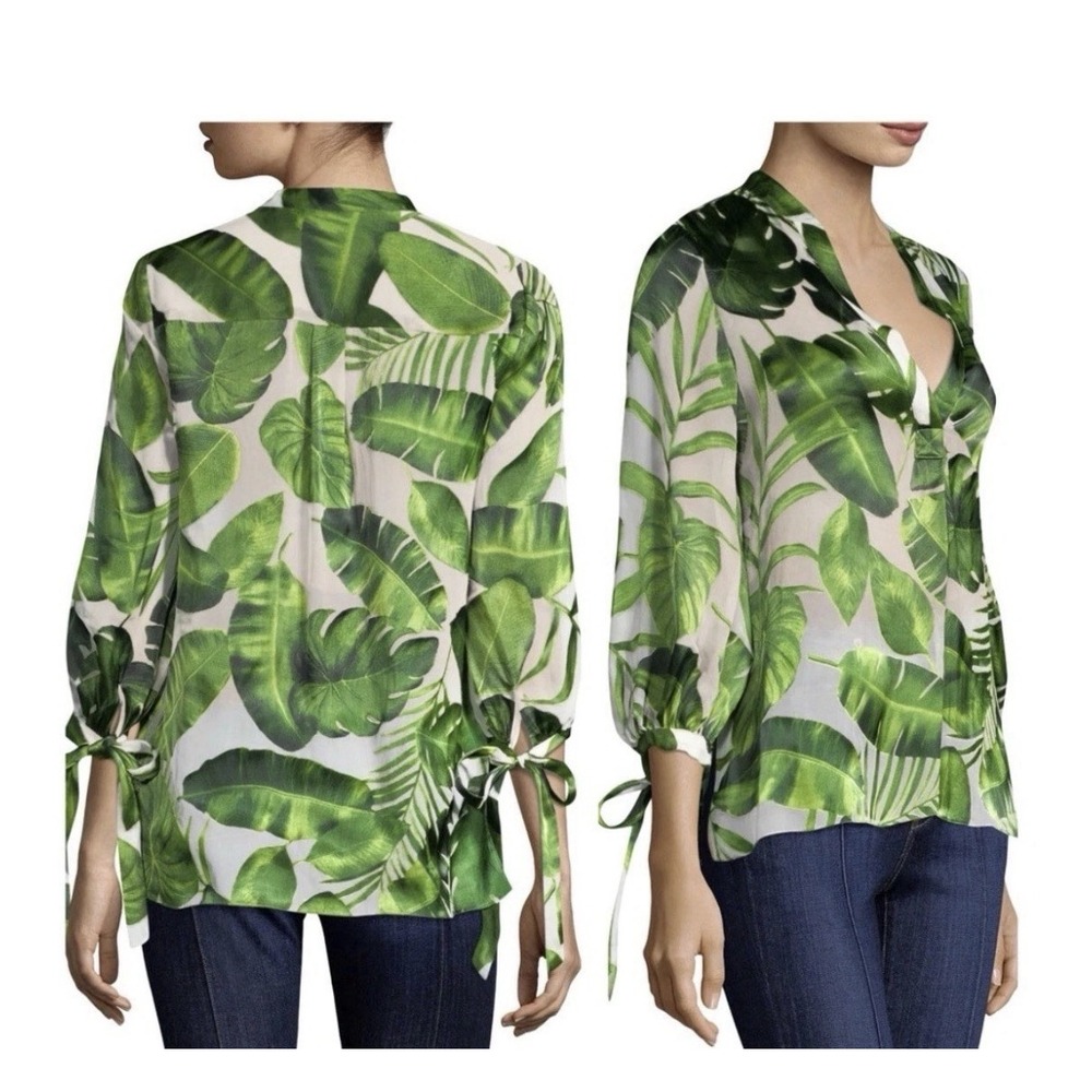 Alice + Olivia Shelia Henley Floral Blouse Plan Leaf Size Medium PreppySheer